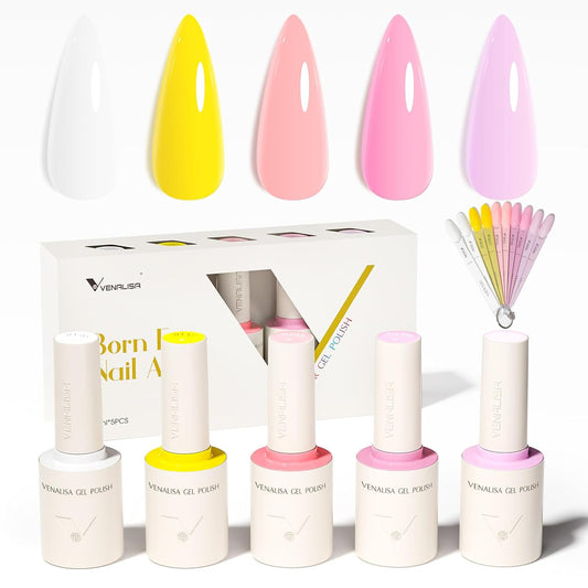 VENALISA Gel Nail Polish Set, 5 Colors 10ML Gel Polish Kit Pure White Yellow Pink Purple Color Soak Off Salon Manicure DIY at Home Nail Art For Girls Women