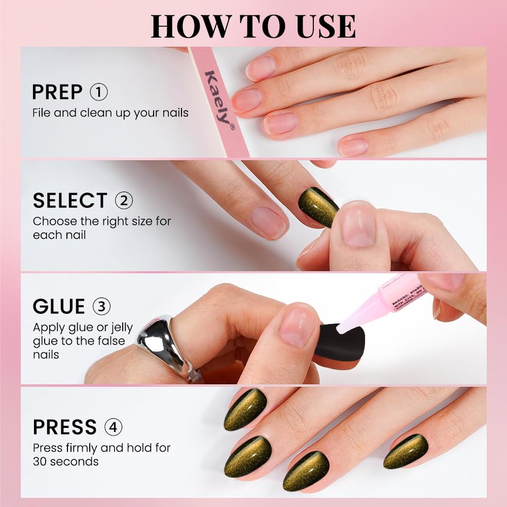 evpct Cat Eye Gold Press on Nails Almond Short, Gold Metal Short Almond Soft Gel Press on Nails with Nail Glue, Fit Perfectly, 30Pcs Reusable Acrylic Fake Press-on Nail Polish Kit for Women Gift
