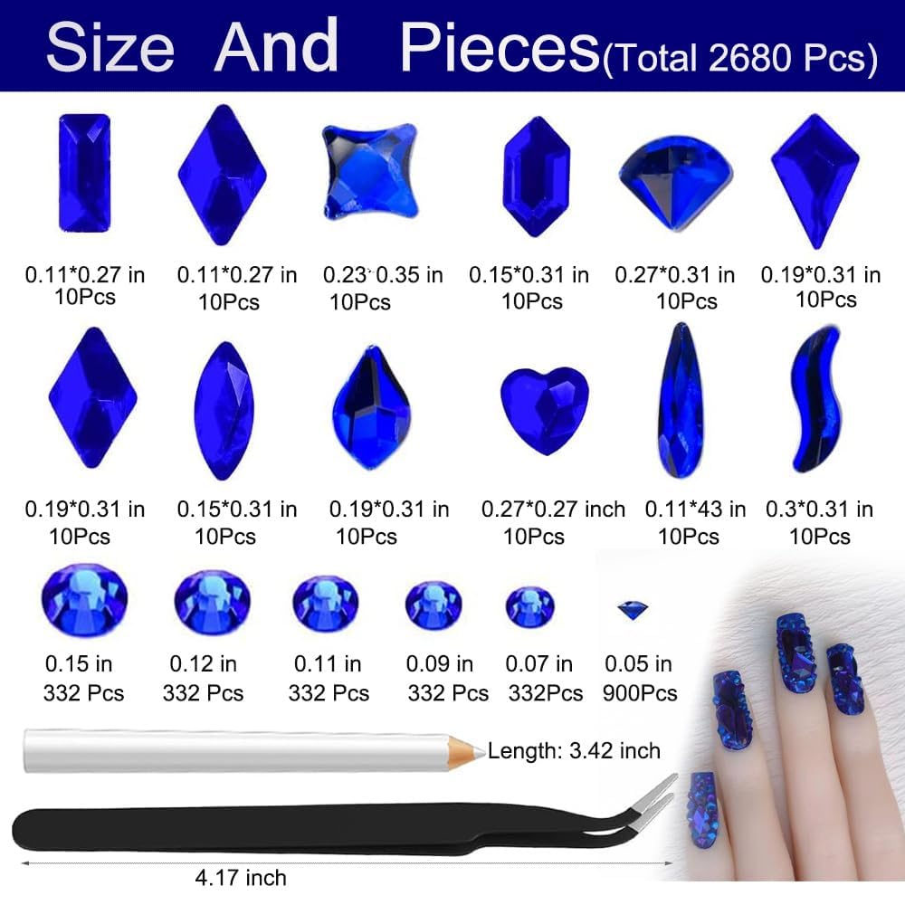 2680Pcs Royal Blue Nail Rhinestones Gems, 120pcs Multishapes Navy Blue Glass Big Nails Gem Stones with Bling Flatback Round Beads, Clear Diamond Rhinestone for DIY Face Eyes Makeup Crafts Decoration