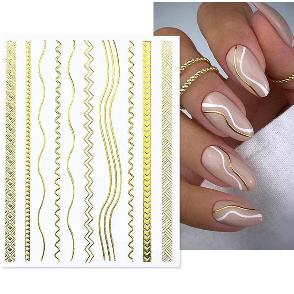 10 Sheets Gold Lines Nail Art Stickers Decal,Metal Geometric Stripe Wavy Line Self Adhesive Nail Decals French Classic Simple 3D Designs Nail Foil Stickers Sliders Manicure Decorations for Women Girls