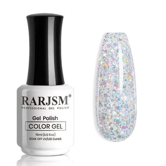 RARJSM Silver Glitter Gel Nail Polish Diamond Gelpolish Silver White Big Flakes Sparkly Chunky Iridescent Pigments Nail Gel Polish Soak off L e d U V Curing Required for Nail Art Salon Manicure