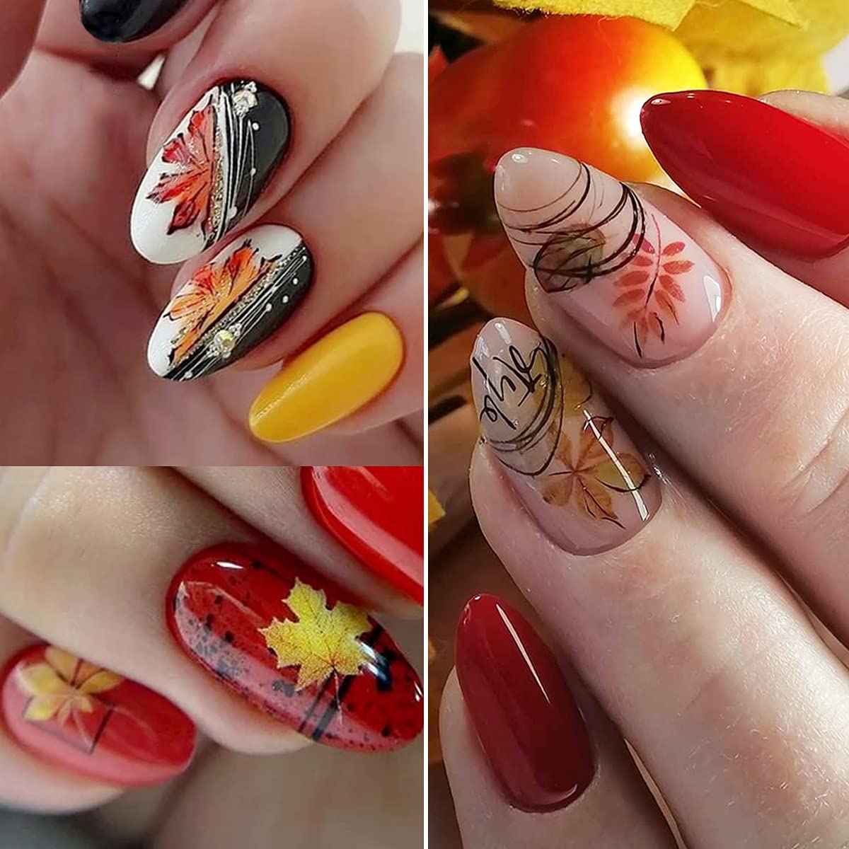 Fall Nail Art Stickers Autumn Leaves Nail Water Transfer Decals Thanksgiving Nail Art Accessories Foils Sliders Nail Water Decals Maple Leaf Pumpkin Turkey Designs for Women DIY Manicure (12 Pcs)