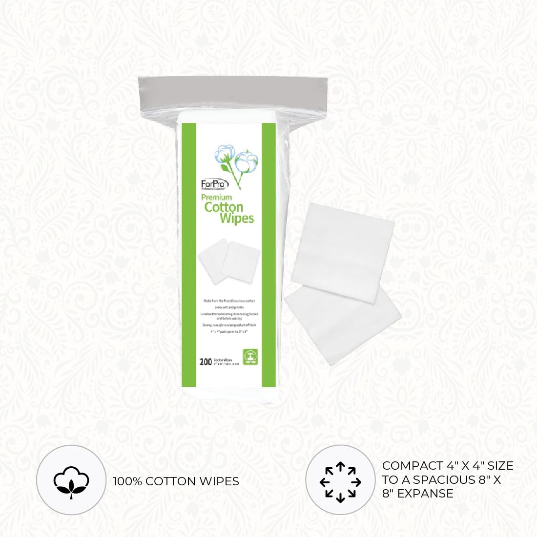 ForPro Professional Collection Premium Cotton Wipes, 100% Cotton, Extra-Soft, for Cosmetic, Nail, and Personal Care, 4” x 4”, 200-Count