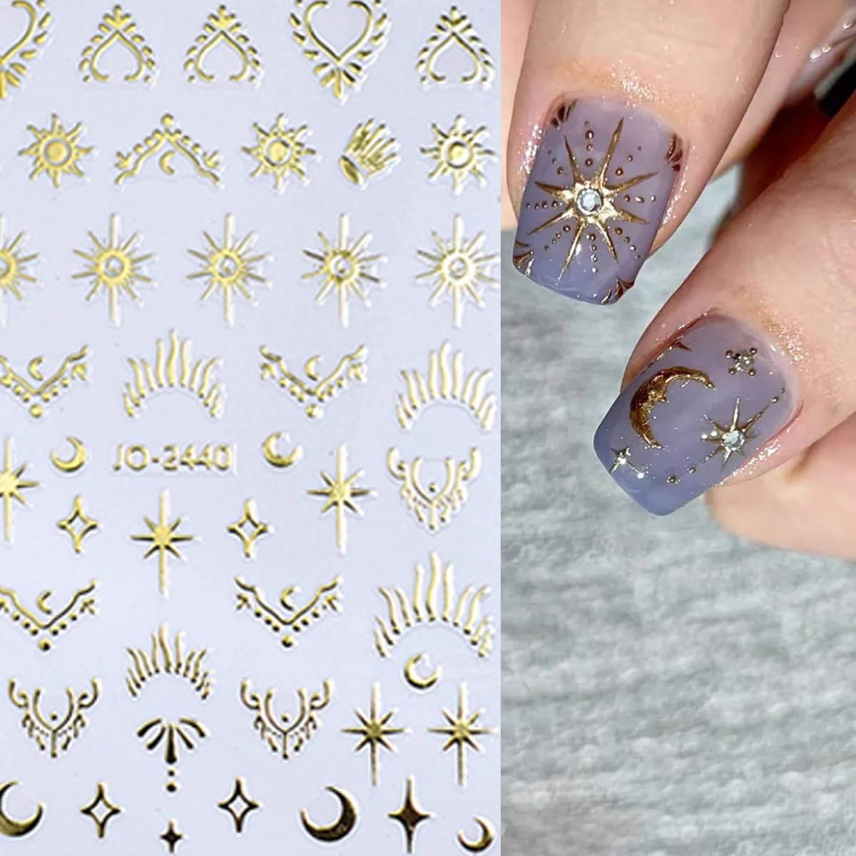 8 Sheets Gold Silver Nail Stickers Stars Heart Nail Decals 3D Self-Adhesive Bronzing Laser Star Moon Sun Love Hearts Metallic Chrome Line Nail Design Sticker for Women Girls Manicure Decoration