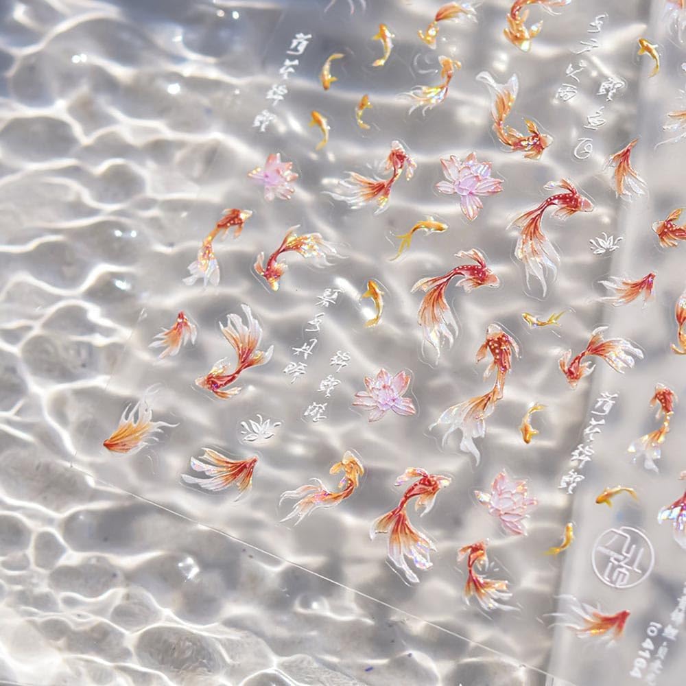Goldfish Nail Art Stickers Sparkly Koi Fish Nail Stickers 5D Embossed Koi Lotus Lucky Red Self-Adhesive Nails Design Shell Light Goldfish Adhesive Slider for Women DIY Nails Art Decorations