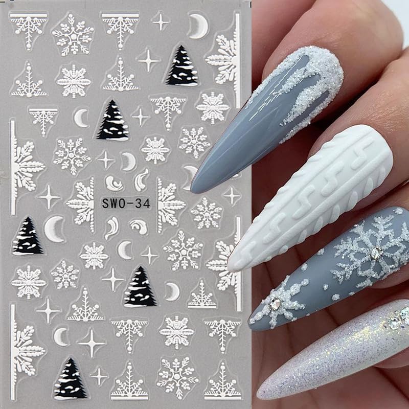 2 Sheets 5D Christmas Embossed Nail Art Stickers Snowflakes Nail Decals Cute Snow Trees Bells Winter Design Self-Adhesive Pegatinas Uñas Xmas Nail Stickers Santa Claus Nail Decals for Women Manicure