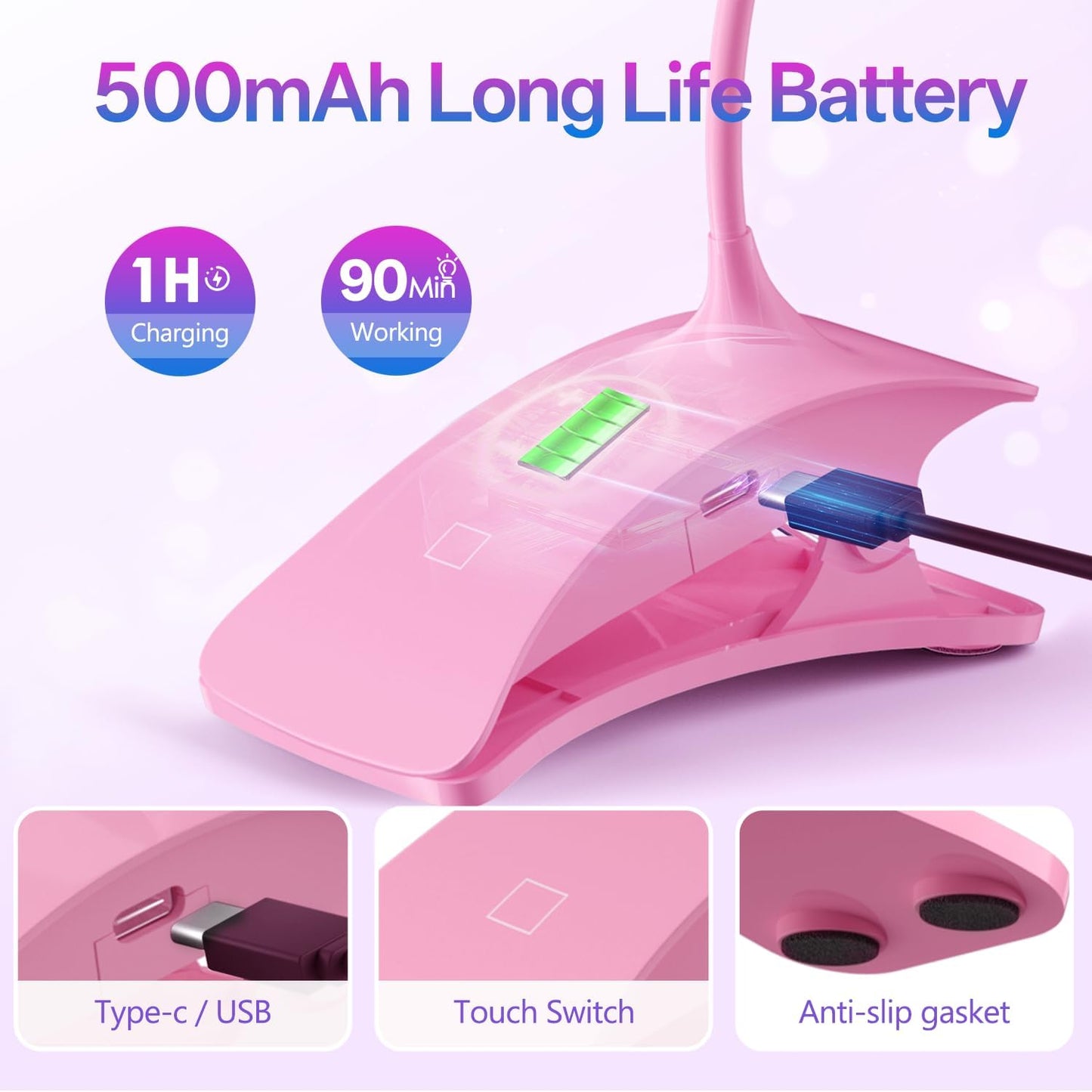 AORAEM UV Nail Lamp Rechargeable Gooseneck UV Light for Gel Nails Touch Flash Cure Lamp Nail Dryer with Clamp, Portable LED Gel Light 3 Level Timing Home Professional DIY Manicure Salon (Pink)