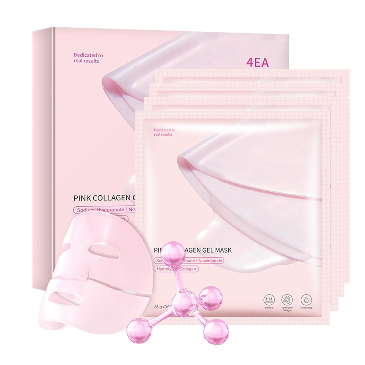 Pink Collagen Jelly Gel Sleeping Mask, Overnight Face Mask for Glass Glow Skin Hydrating Firming Elasticity, Deep Moisture Barrier Care, Cooling Refreshing Korean Skincare, 28g x 4pcs