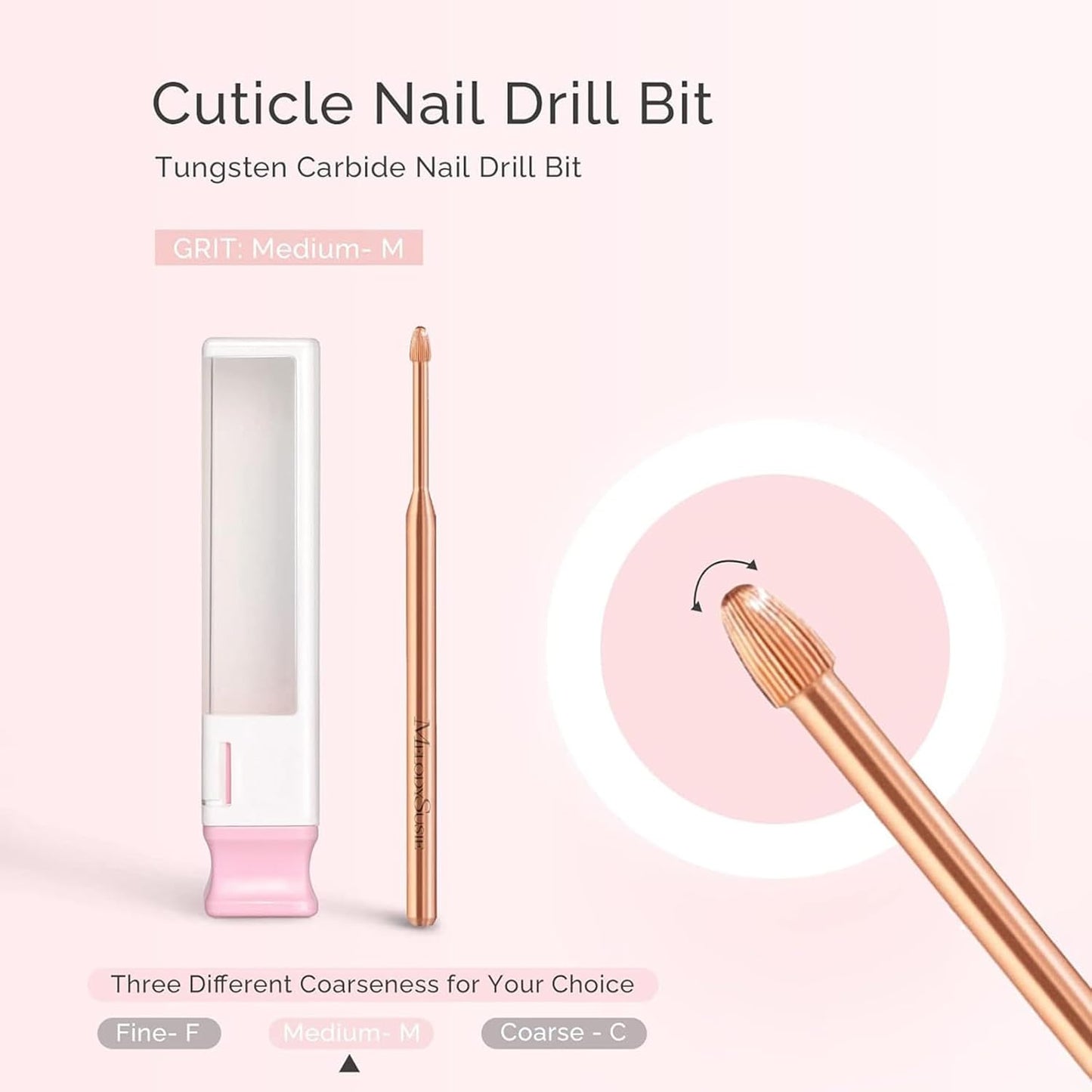 MelodySusie Cuticle Clean Nail Drill Bit 3/32'', Professional Safety Carbide Under Nail Cleaner Nail Bit for Cuticle Dead Skin Nail Prepare, Two Way Rotate, Nail Salon Supply(Rose Gold, Medium)