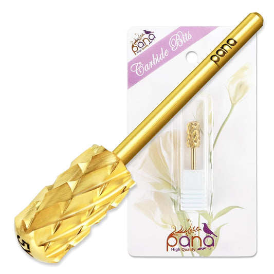 PANA 3/32" Large Smooth Round Top Safety Carbide Nail Drill Bit for Gel Polish & Acrylic Removal Nail Salon Manicure Pedicure Electric File Tools (Large Barrel - Gold, 5X Coarse)