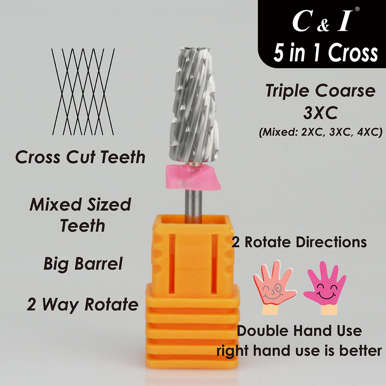 C & I 5 in 1 Multi-Function Tapered Shape Nail Drill, Cross Teeth Edition, Professional Drill Bit for Nail Manicure Machine (Triple Coarse - 3XC)