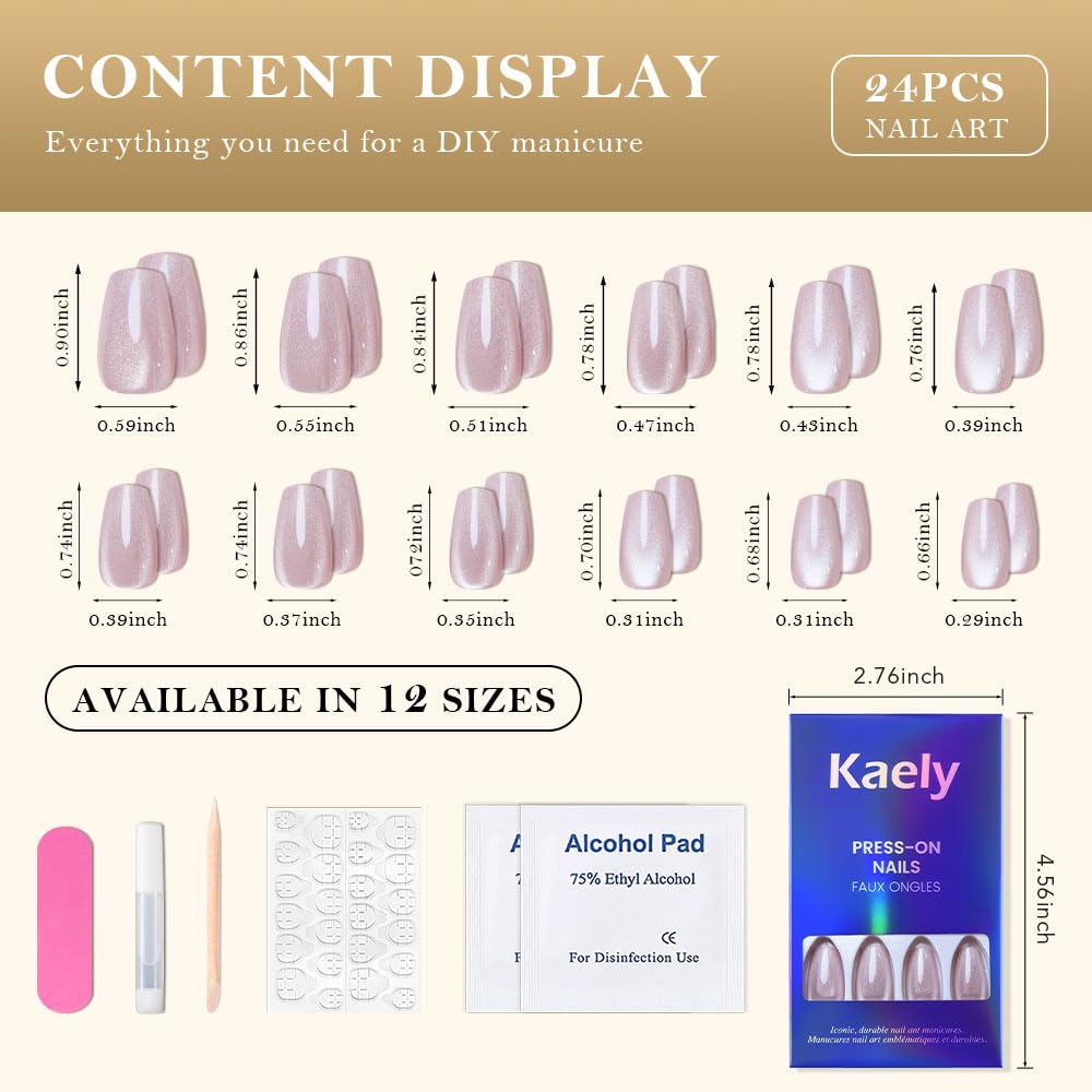 evpct Nude Cat Eye Coffin Press on Nails Square Medium, Medium Square Glue on Nail for Women Gift, Nude Metallic Glitter Glossy Reusable Summer Soft Gel Press on Acrylic Fake Nail with Designs