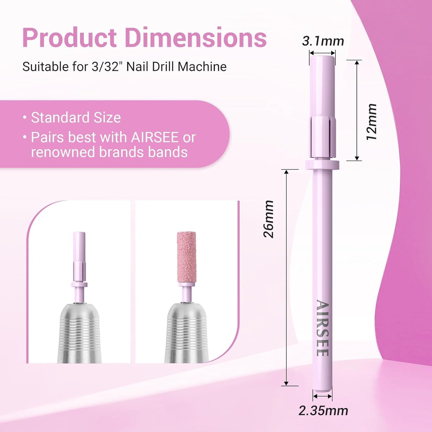 AIRSEE 3.1mm Small Nail Drill Mandrel Bits for Mini Efile Sanding Bands, Stainless Steel Professional Electric Head Clean Remove Cuticle Removing, Acrylic Manicure Sander Safety (Rose Pink)