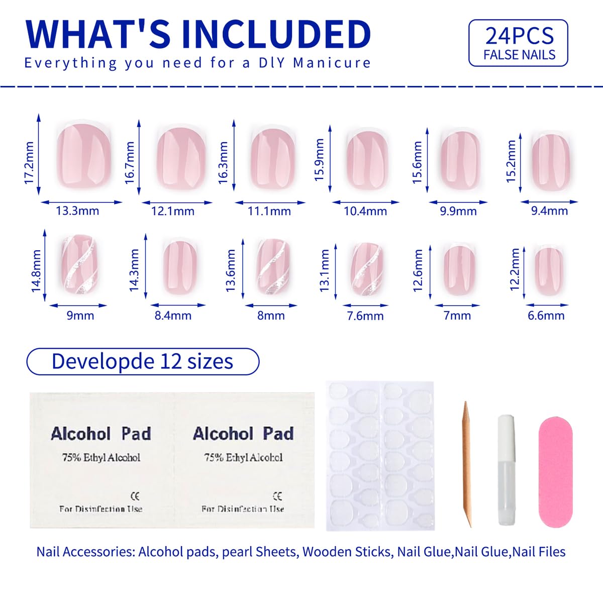French Press On Nails Short Square, Nude Fake Nails with White French Tips, Delicately Adorned with Silver Streaks, Glossy Gel Finish, Thick Natural Reusable Glue On Nails Kit for Women 24Pcs