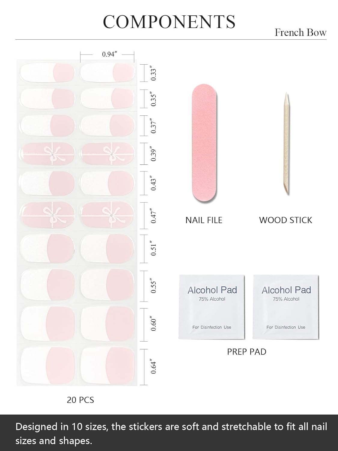 Semi Cured Gel Nail Strips (French Bow)-20 PCS Gel Nail Stickers | Gel Nail Wraps | UV Light Required, Salon Quality & Easy To Use