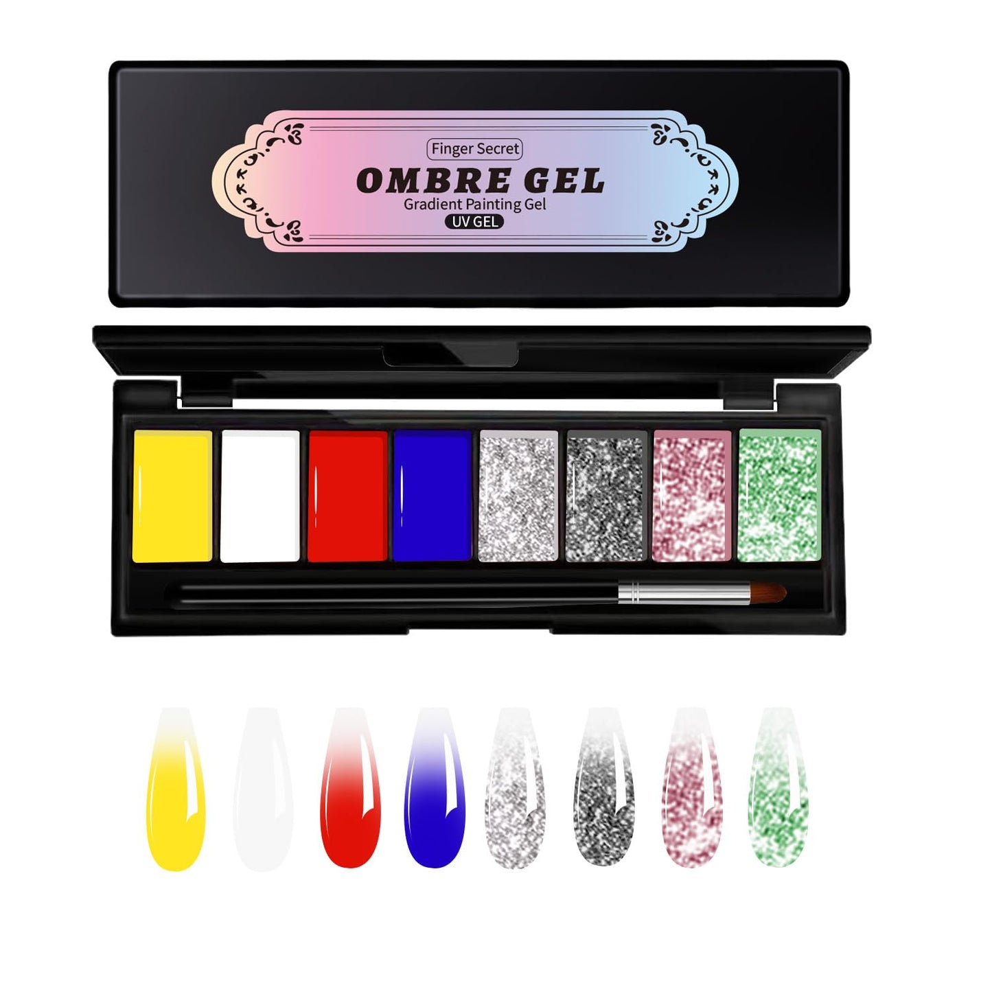 Finger Secret 8 Colors Ombre Gel Pat Nail Polish Set,Ombre Pigment for Nails,Gradient Painting Gel with 50Pcs Nail Sponges for 3D Gels Nail Art can be Painted in Salon or Home Use
