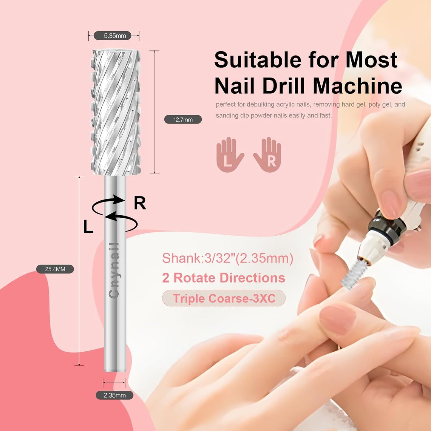 3/32" 5.35MM Small Barrel Flat Top Bit Tungsten Carbide Nail Drill Bit Safety Bit for Gel & Acrylic Removal, 2-Way Rotating Efile Tip, Salon Electric File Accessory (3XC Grit, Silver)