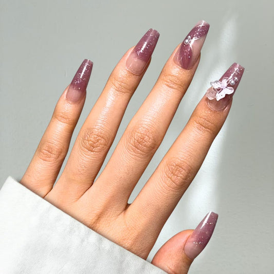 Perfect Look Press On Nails - Butter Rose | No Glue One-Day Long Coffin Fake Nails, Rose Pink Glitter Nails with Pearl - 24 Pcs Nail Kit with Adhesive Tabs
