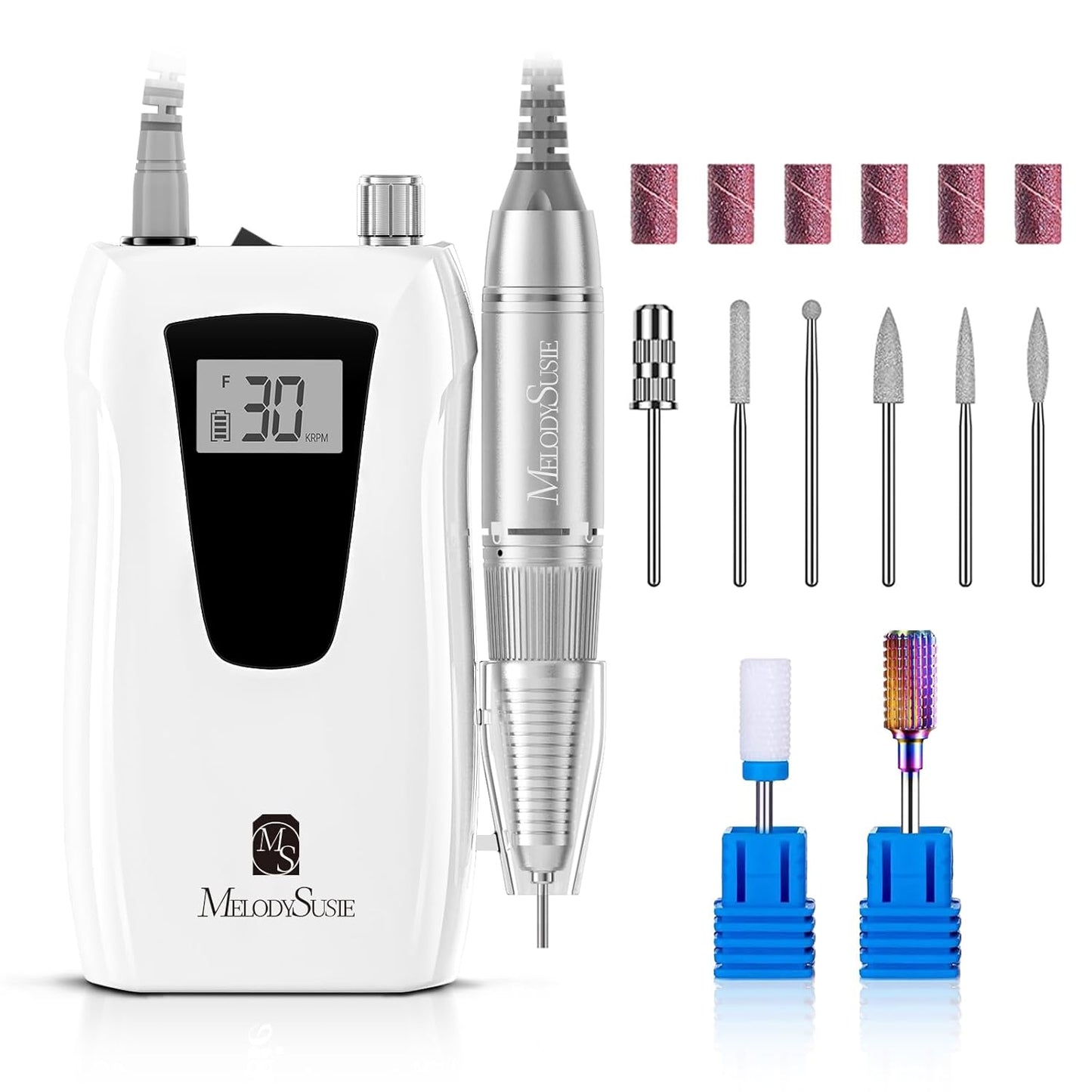 MelodySusie Professional Nail Drill 30000RPM, SC320D Rechargeable Electric Nail Drill Machine, Cordless Nail E File for Acrylic Gel Nails, 8pcs Drill Bits 106pcs Sanding Bands, Selene White