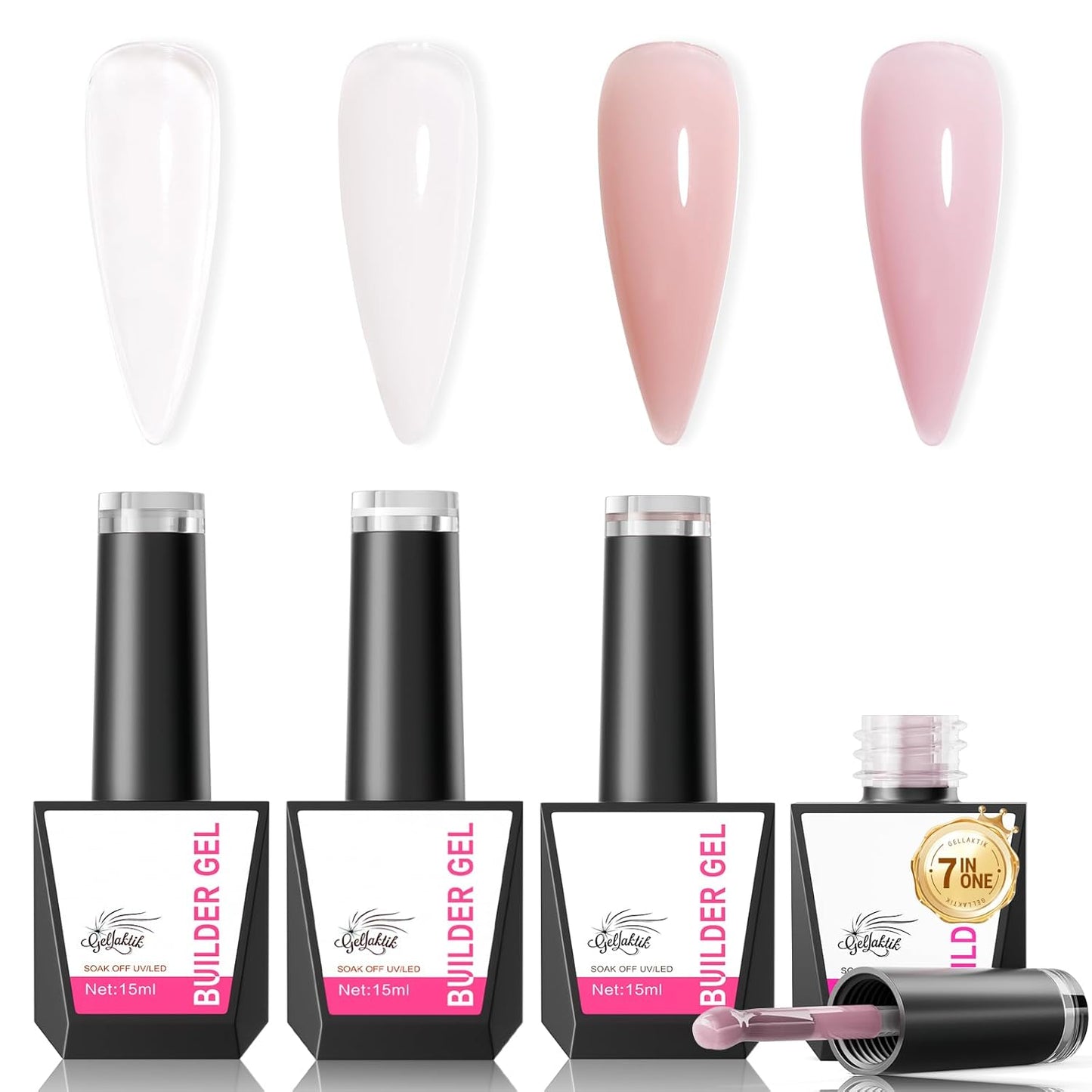 Builder Gel for Nails, 4X15ml 7 in 1 Builder Gel Nail Polish, LED Lamp Cured for Clear Rubber Base & Strengthener Extensions, Thickening, Repair (Clear, White, Nude, Pink)