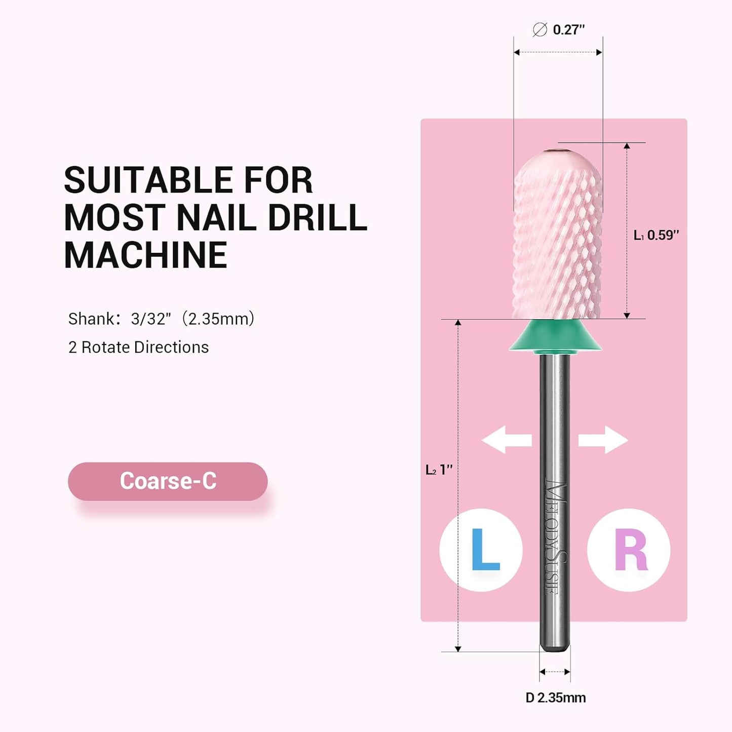 MelodySusie Ceramic Nail Drill Bit, 3/32'' Smooth Round Top Large Barrel Bits, Suitable for Manicure Pedicure Cuticle Gel Polishing, Beginners Bits, Pink, Series Bit-S, Coarse