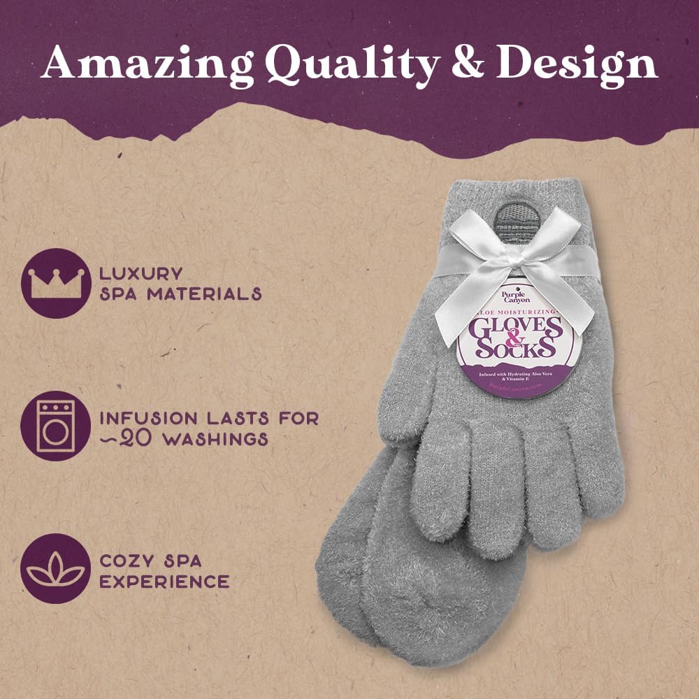 Purple Canyon Aloe Socks and Gloves Set | Light Gray Fuzzy Socks and Gloves Infused with Aloe and Vitamin E | Spa Socks and Gloves for Women