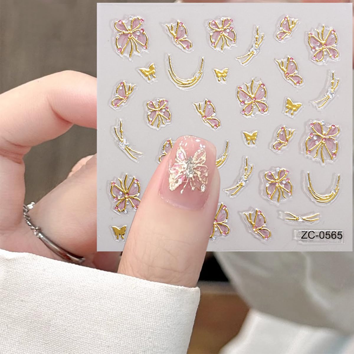 Cute Nail Art Stickers 3D Pink Tulip Flower Nails Decals Glitter Heart Bow Star Nail Stickers Gold Line Butterfly Nails Art Design Sticker Gradient Pink Manicure Supplies Decorations for Women 4Pcs