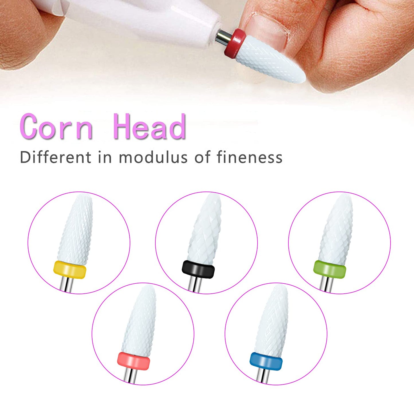 5 Size Professional Corn Head Ceramic Nail Drill Bits Set with Holder for Electric Nail File Manicure Pedicure Acrylic Gel Polishing, 3/32'' (2.35mm)
