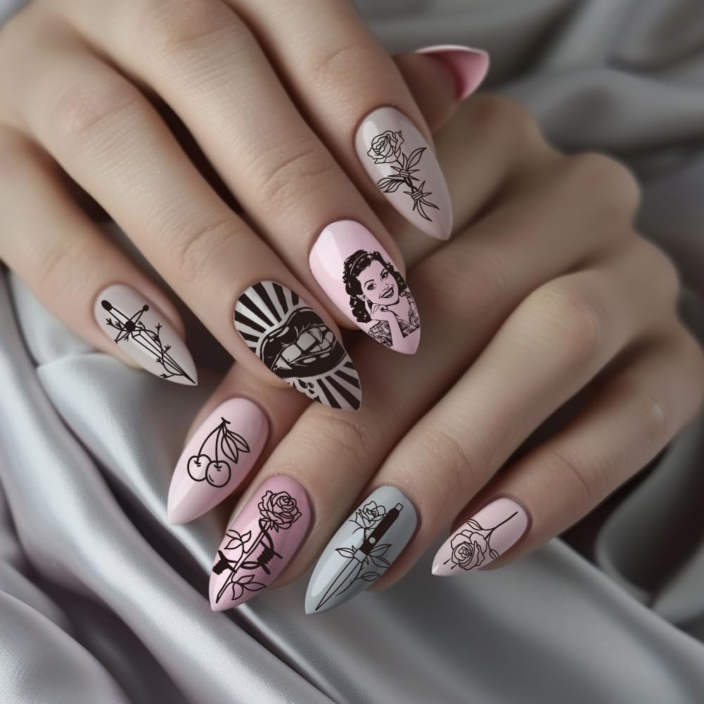 PH PandaHall 3pcs Comic Text Nail Stamping Plates, Retro Avatar Snake Rose Skull Nail Stamper Nail Art Stencils Print Nail Stencils Stainless Steel Nail Image Plate for Nail Art Design Manicure Salon