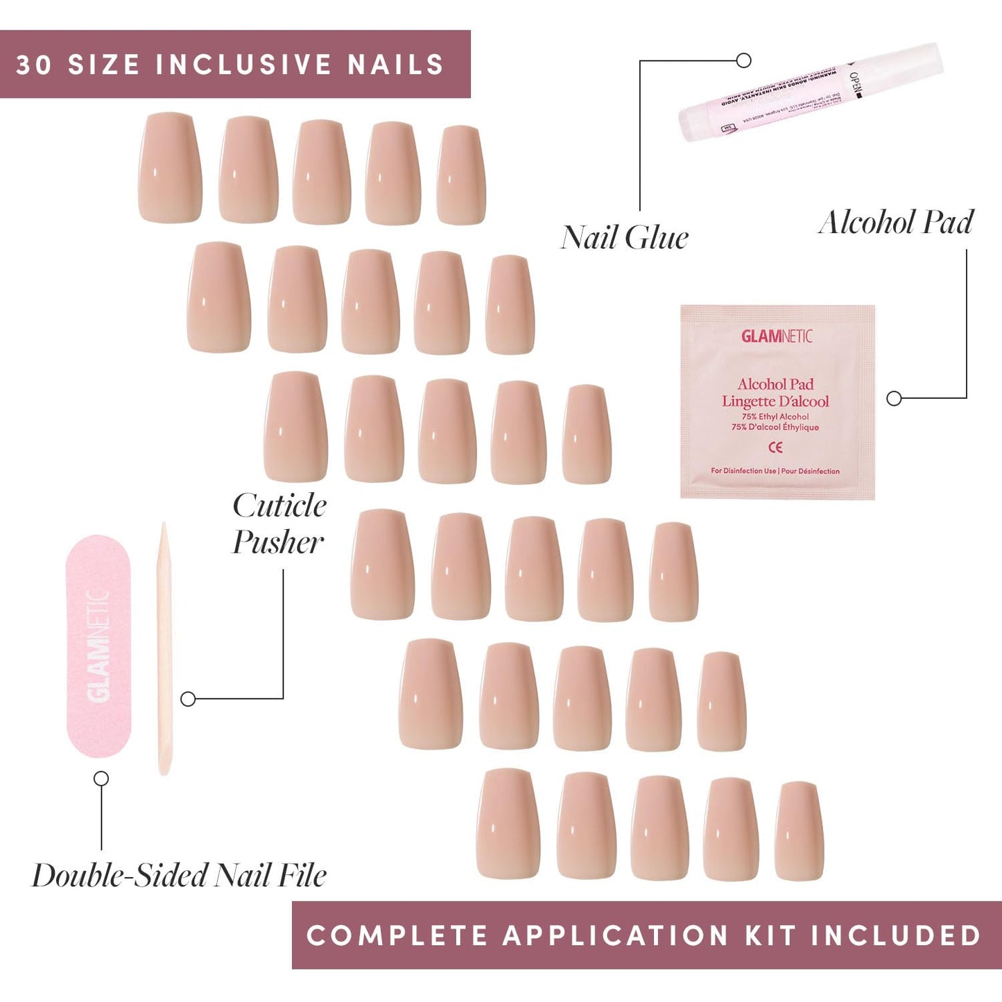 Glamnetic Press On Nails - Exposed | Medium Coffin Fake Nails, Nude Opaque Neutral, Salon Quality | 15 Sizes - 30 Nail Kit
