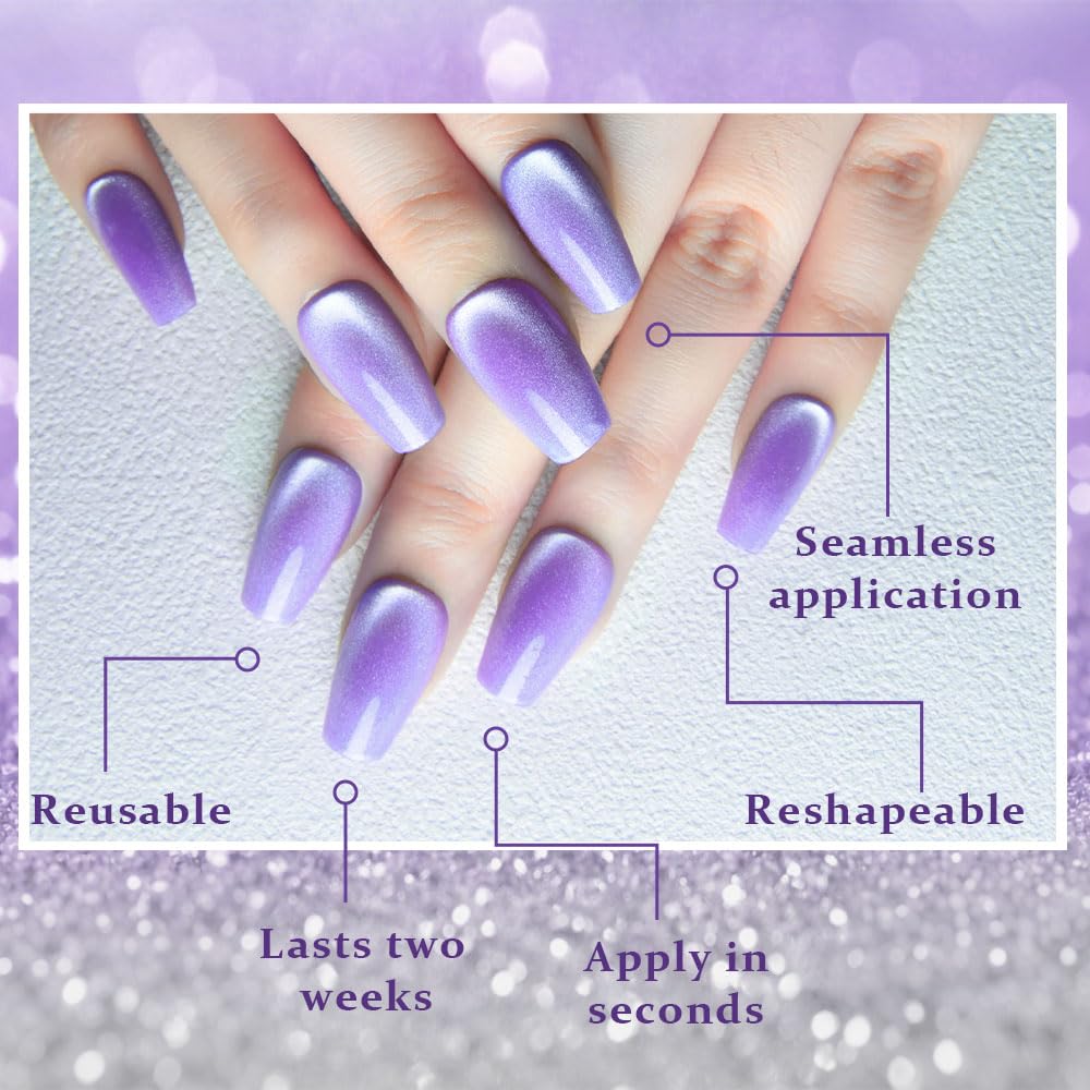 evpct Violet Purple Cat Eye Coffin Press on Nails Square Medium, Medium Square Glue on Nail for Women Gift, Purple Metallic Glitter Glossy Reusable Soft Gel Press on Acrylic Fake Nail with Designs