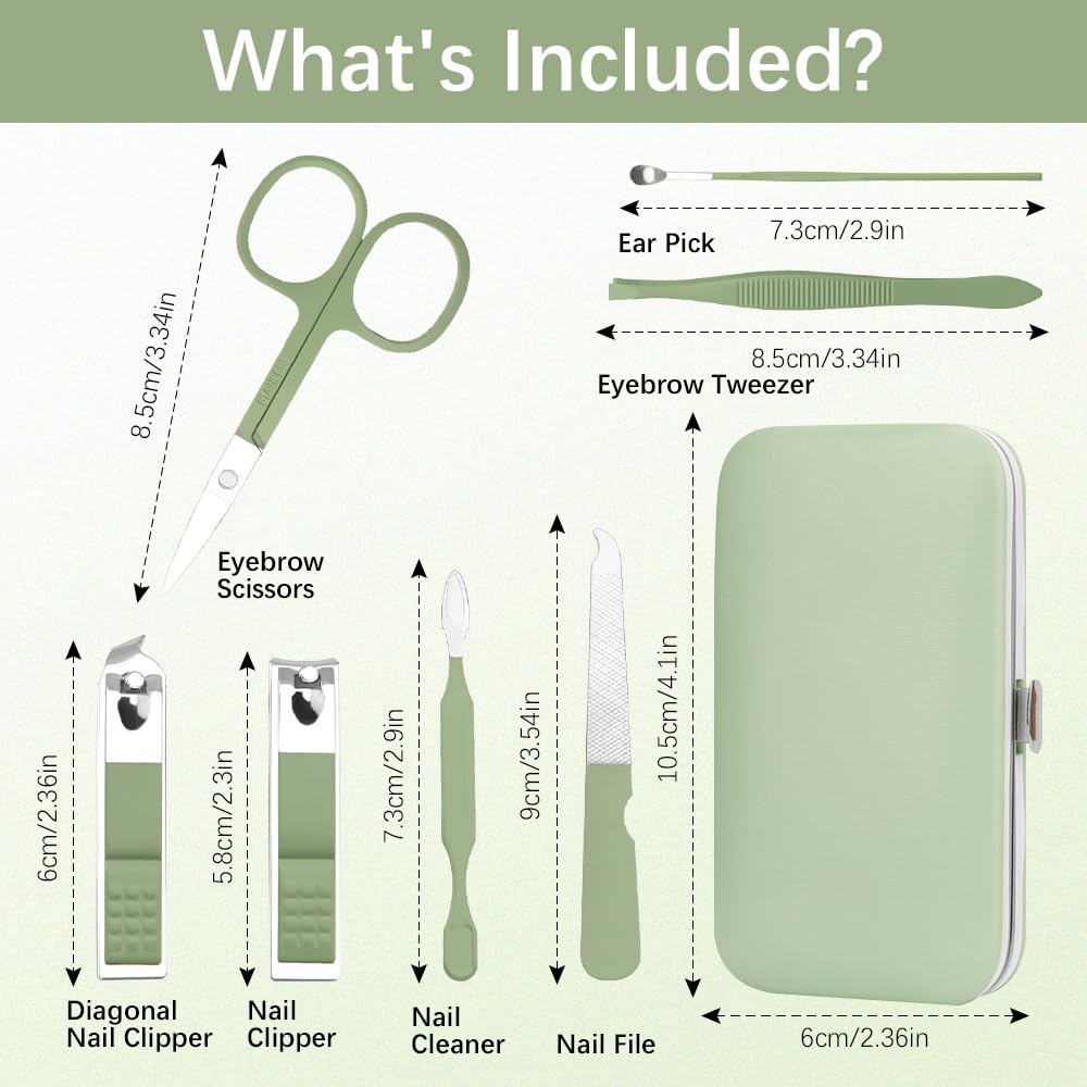 Manicure Set, Stainless Steel Nail Clipper Kit Nail Clipper Set 7 in 1 Manicure Kit Pedicure Kit Portable Nail Grooming Kit Fingernail Toenail Clippers for Men Husband Boyfriend Women Green