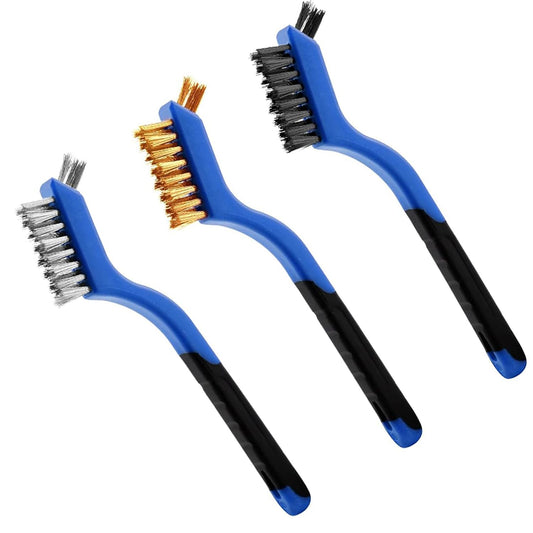 Wire Brush Set 3Pcs, Nylon/Brass/Stainless Steel Bristles with Curved Handle Grip for Cleaning with Curved Handle Grip for Rust Removal, Dirt, Paint Scrubbing Blue