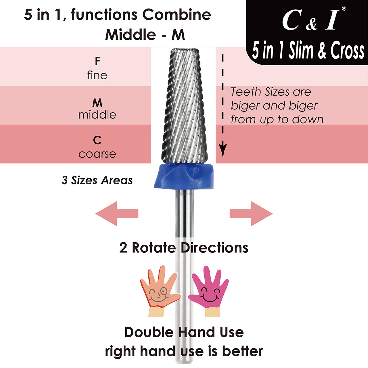 C & I 5 in 1 Nail Drill Bit, Cross & Slim Edition, Professional Nail Drills for Electric Manicure Drill Machine (Middle -M)
