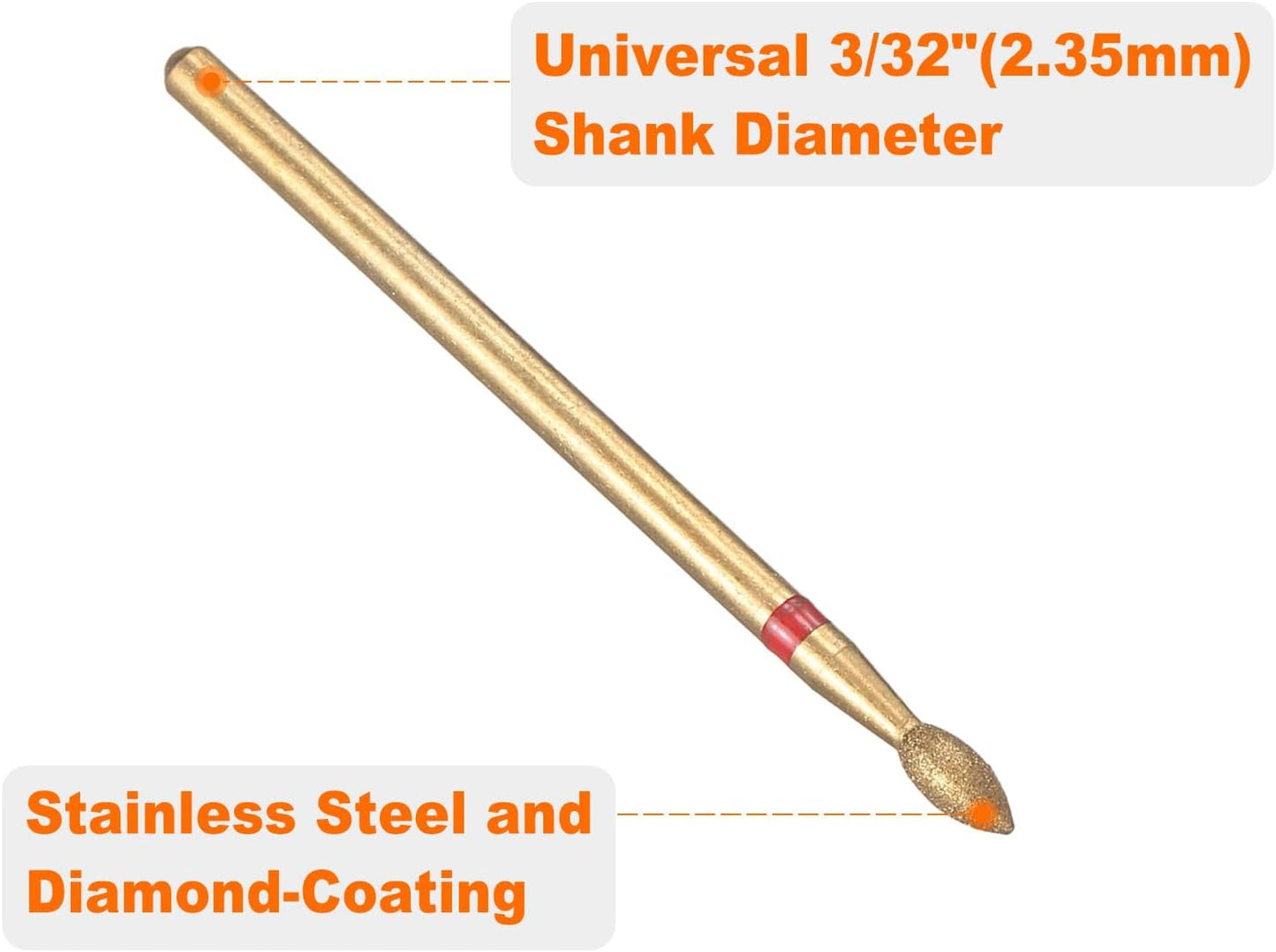 HARFINGTON 8pcs 200-230 Grits Diamond Grinding Bit 2.3mm Oval Head 2.35mm Shank 5.3mm Length Titanium Plated Stone Sanding Drill Bits Rotary Tool for Nails Grinding Polishing
