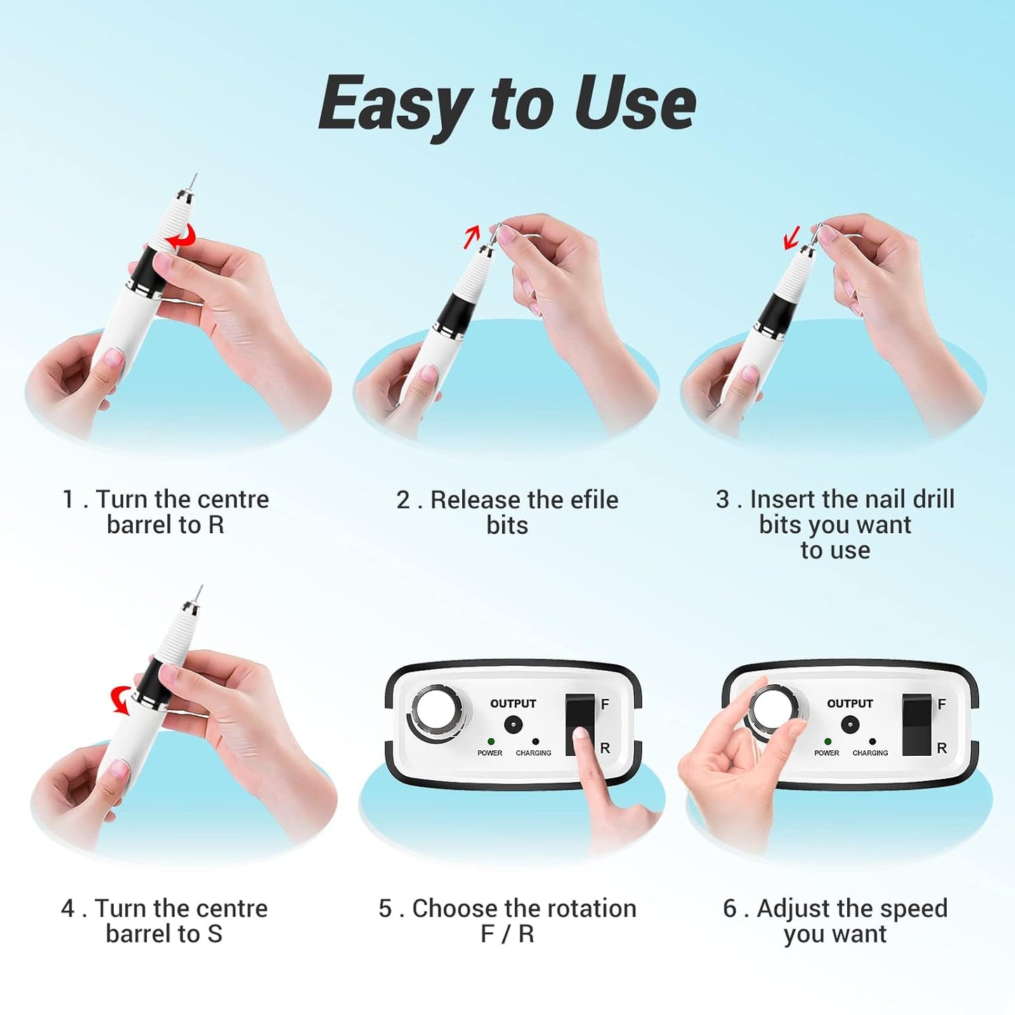 AIRSEE Professional Rechargeable 30000 RPM Nail Drill Machine Portable Efile Electric Nail File Wireless Manicure Pedicure Set Acrylic Gel Nail Grinder Tools with 6 Bits and Sanding Bands E6 Black