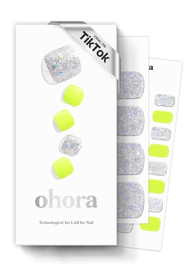 ohora Semi-Cured Gel Pedi Strips 34pcs(P Neon Light) - Includes 16 Solid Color, 14 Accent Wraps, 2 Prep Pads, Nail File & Wooden Stick