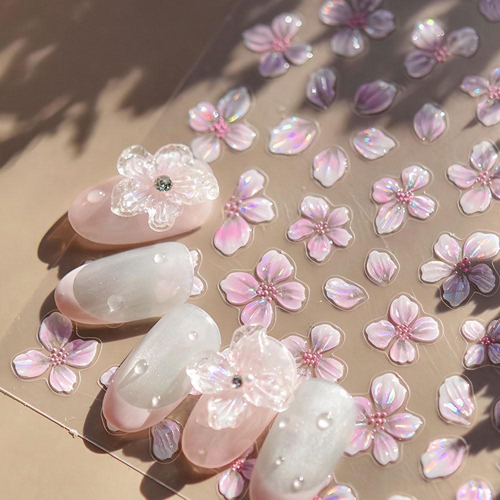 Iridescent Flower Nail Art Stickers, 4 Sheets Crystal Shell Design, Jelly Flowers Decals for Summer Manicure