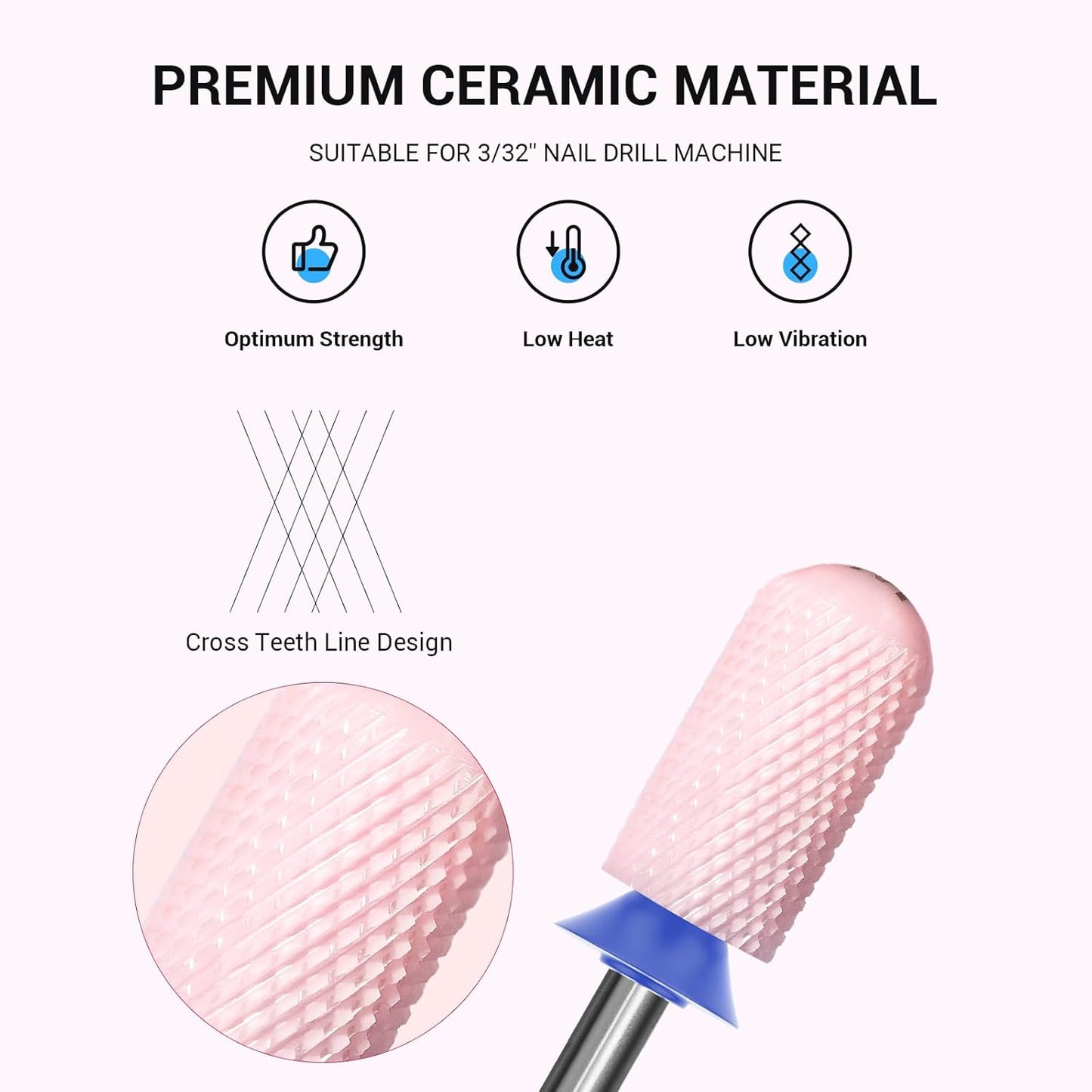 MelodySusie Ceramic Nail Drill Bit, 3/32'' Smooth Round Top Large Barrel Bits, Suitable for Manicure Pedicure Cuticle Gel Polishing, Beginners Bits, Pink, Series Bit-S, Medium