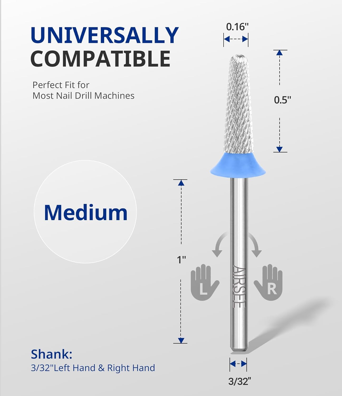 AIRSEE Tungsten Carbide Acrylic Nail Drill Bit Efile Electric File Machine Head Tip for Manicure Polishing Art Remove Gel 3/32" 2 Way Safety Use Ball Top Tapered Bit Cone Shape Medium-M