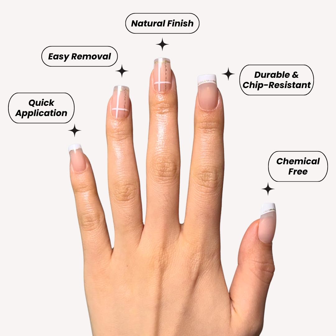 Perfect Look Press On Nails - Golden Grid | No Glue One-Day Short Square Nails, Nude French Tips with Checkered Line Design - 24 Pcs Nail Kit with Adhesive Tabs