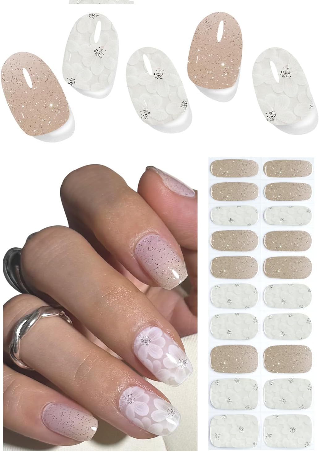 Semi Cured Gel Nail Strips, White Flower 20pcs Adhesive UV Sticker, Wraps for Home Manicure DIY
