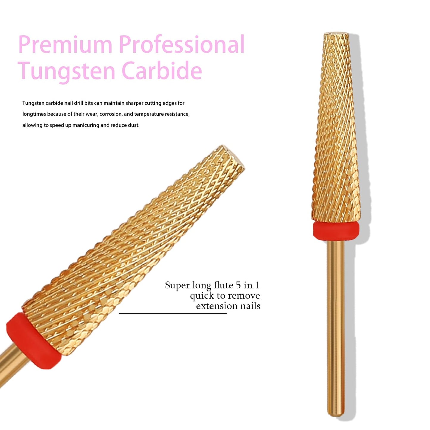 Super Long 5 in 1 Nail Drill Bits, Professional 3/32'' Carbide Tungsten Two Way Rotary Advanced Safety Bits, Fast Remove for Manicure Pedicure Cuticle Acrylic Nails (Gold, Fine-F)
