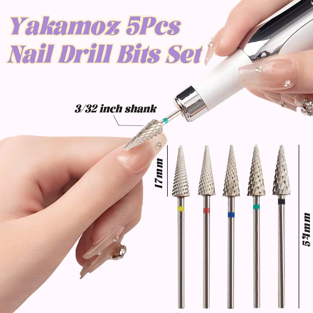 Yakamoz 5Pcs Tapered Nib Nail Drill Bits Set - 3/32’’ Carbide Tungsten Safety Electric Nail File for Remove Cuticle Gel Polishing, Manicure and Pedicure (XC, C, M, XF, F)