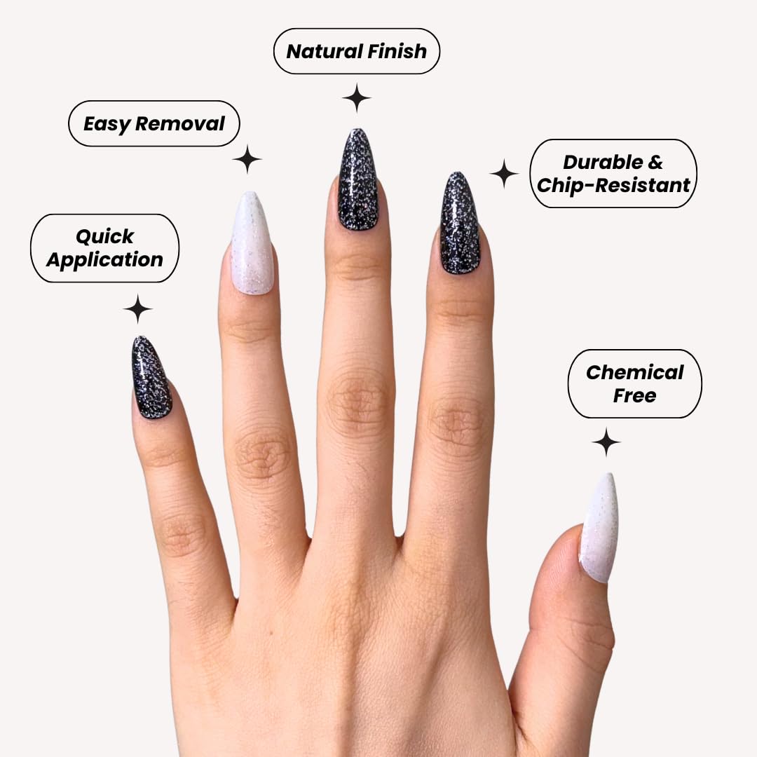 Perfect Look Press On Nails - Star Dust | No Glue One-Day Long Almond Nails, White and Black Glitter with Glossy Finish - 24 Pcs Nail Kit with Adhesive Tabs