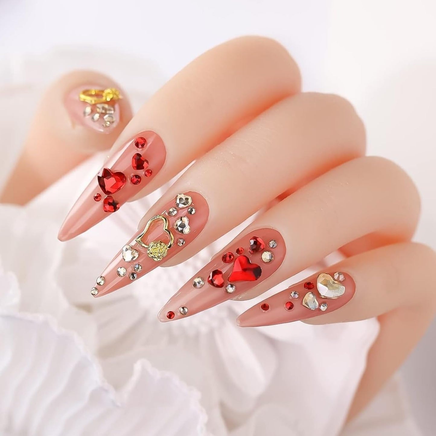 767Pcs Valentine's Day Nail Art Charms Gold Red Heart Rhinestones for Acrylic Nails Gems for Women Girls DIY Manicure Decoration