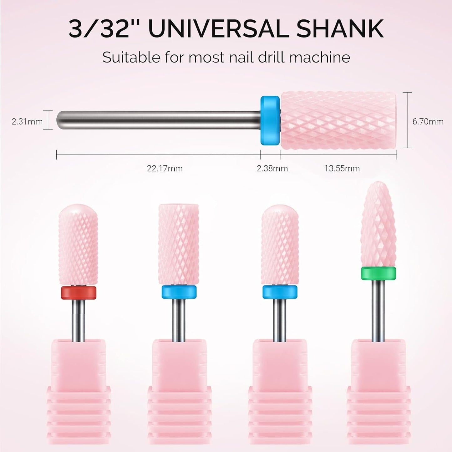MelodySusie Ceramic Nail Drill Bits Set, 3/32'' (2.35mm) Professional Acrylic Nail File Drill Bit for Manicure Pedicure Cuticle Gel Nail Polishing, 4Pcs, Pink