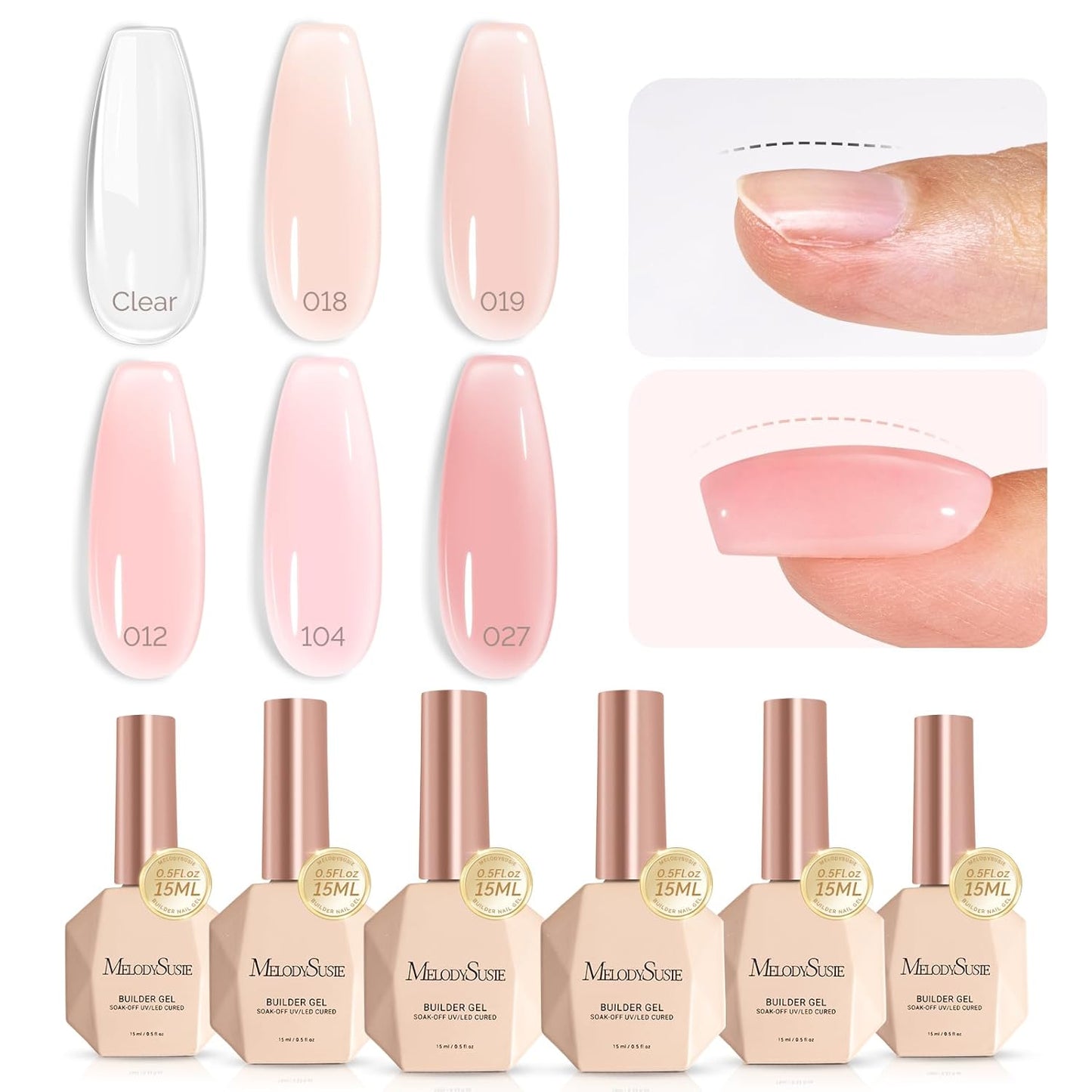MelodySusie Builder Gel Nail Set for Nails Thickening,6 Colors 15ML Nude Pink Base Colors Clear Rubber Base Gel Polish,Soak Off UV Extension,Rhinestone Nail Glue in a Bottle Gift for Women