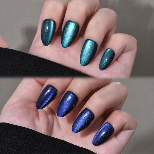 evpct Dark Blue Press on Nails Almond Short, Sapphire Royal Blue Cat Eye Glitter Press on Nails for Women Gift, Soft Gel Press Glue On Nail with Nail Glue, 60Pcs Reusable Acrylic Fake Nails Kit