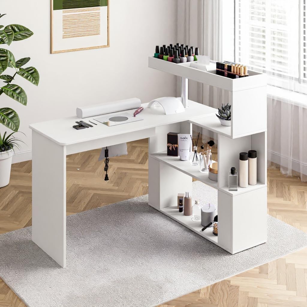 Manicure Table, L-Shaped Nail Tech Desk with Dust Collector, Reversible Rotating Table & Storage Shelf, Acetone Resistant Beauty Salon Station, White